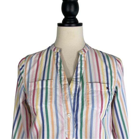 Tommy Hilfiger Striped Popover Top White Multicolor Long Sleeve, Size XS - Picture 2 of 10